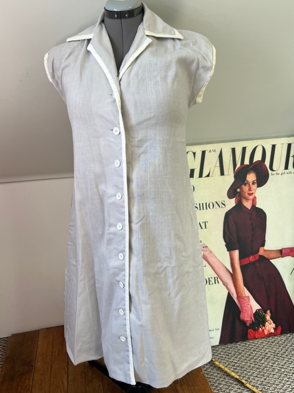 Vintage 1960s shirt dress short sleeves, linen  custom by Yankee Lady of Andover